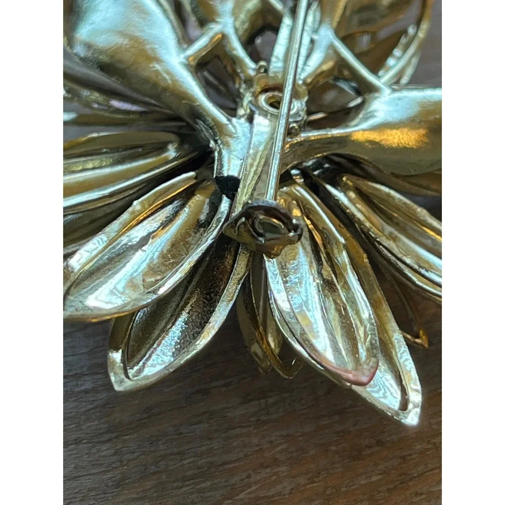 Gold Tone Layered Flower Brooch Aurora Borealis Rhinestone Floral Pin